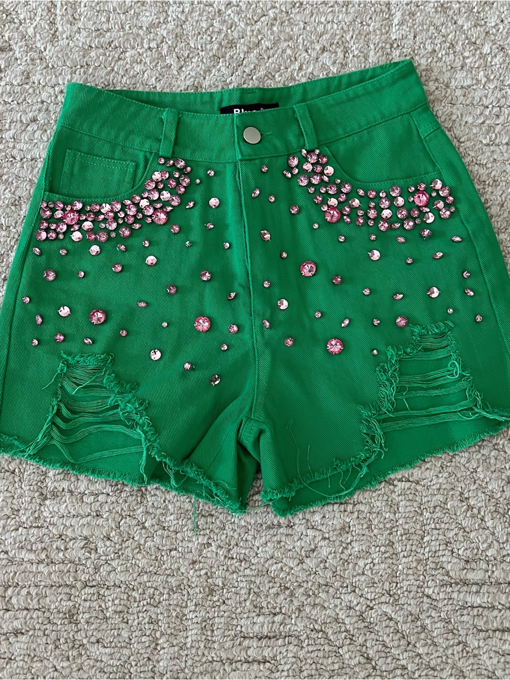 blue b Small High-Waist Green Denim Shorts with Pink Rhinestone Embellishment